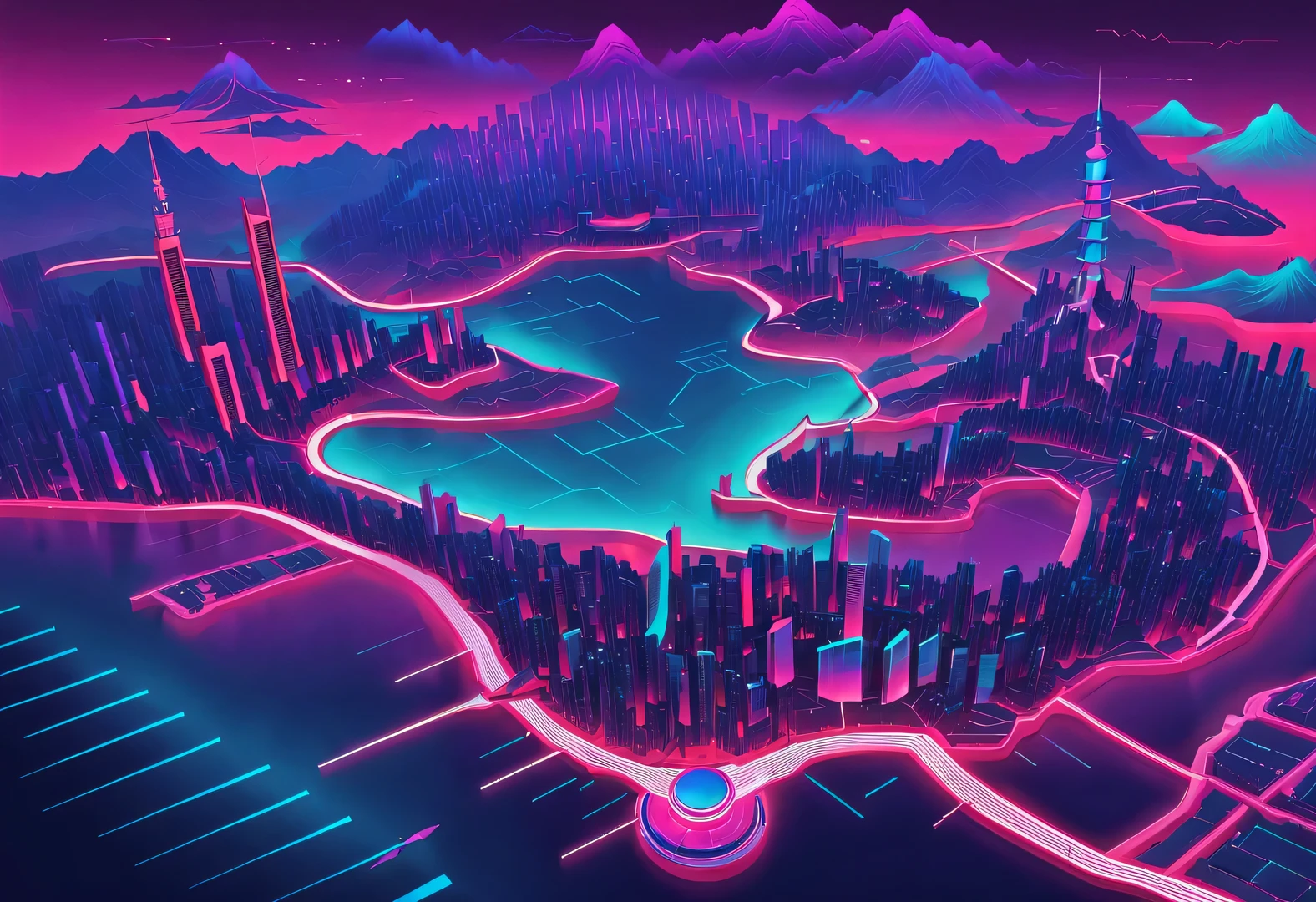 no estilo de Synthwave ,Design de silhueta de dragão vermelho do universo terra，（Mapa da China：1.37），