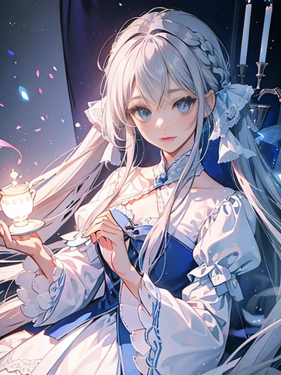 silver hair　blue eyes　inside the castle　Long twin tail hair　white lace dress　Light pink ribbon　masterpiece　best image quality　clear　cinematic shadow　Increased attractiveness of the eyes　clear the shine of the eyes　Draw eyelashes neatly　perfect eyes　detailed eye　Sharpen image quality　Sharpen eye writing　clear eye shape　perfect fingers　perfect hands