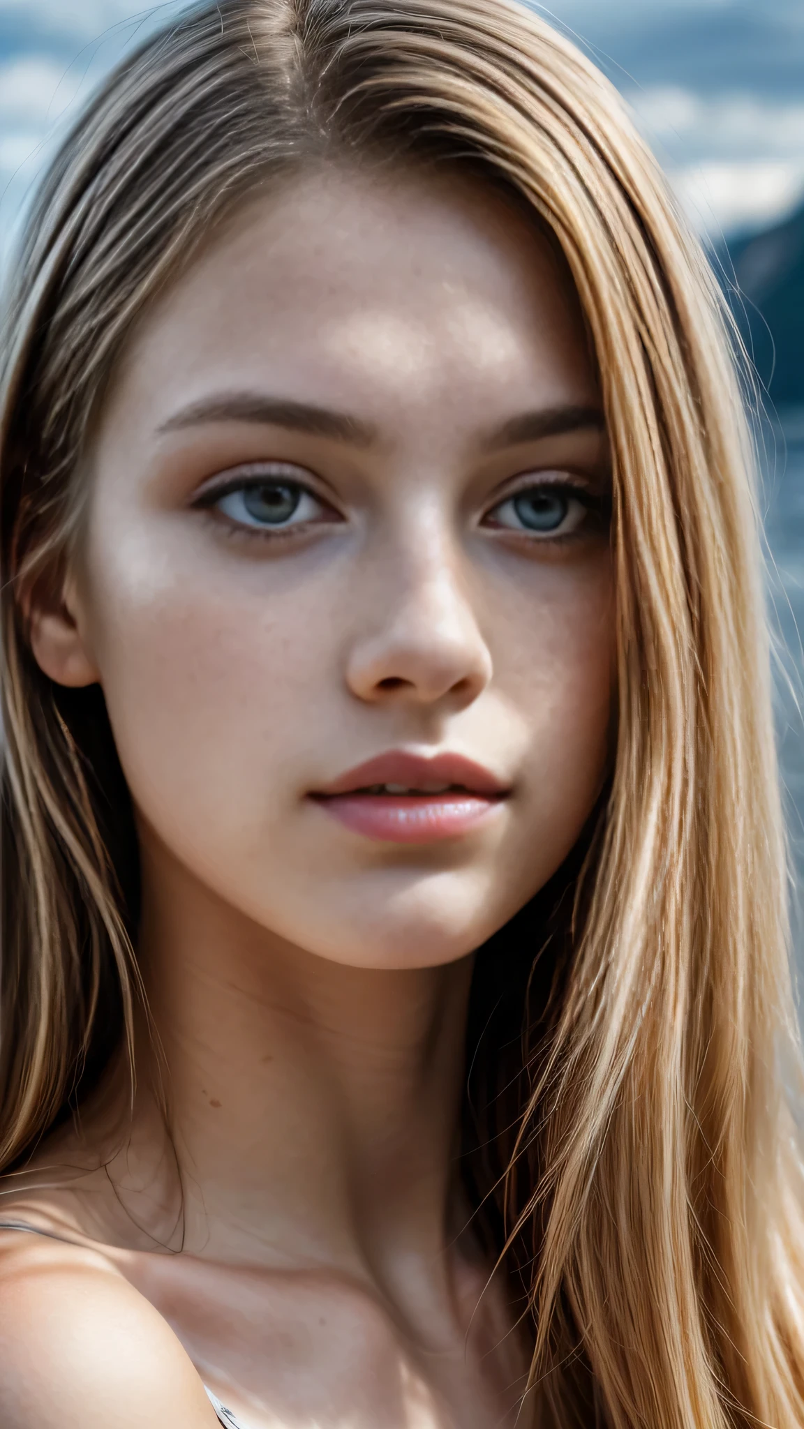 A close up of a woman with long hair and a white top SeaArt AI