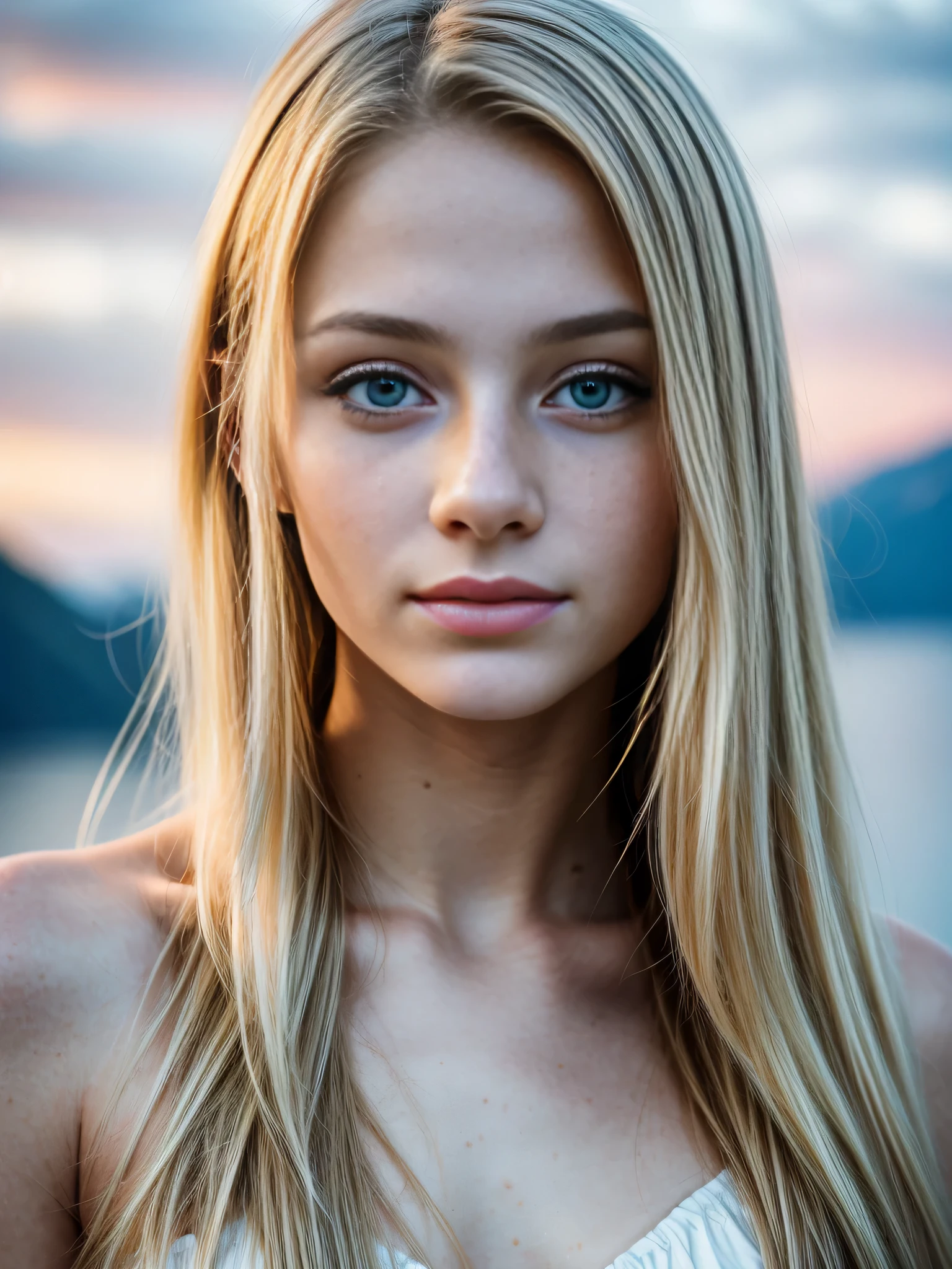 A close up of a woman with long blonde hair and a white dress