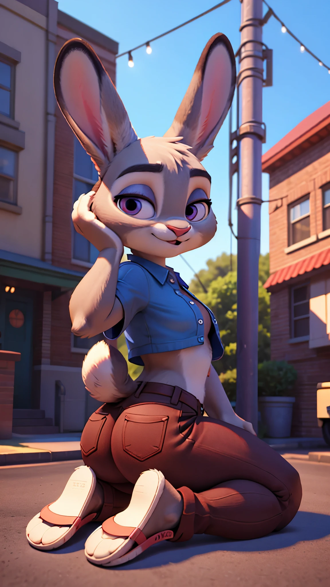 Furry female anthro, 8k, film, masterpiece quality, semi realistic, high detail, big ass, short skinny jeans, cropped plaid shirt, flip flops, judy hopps, 3d pixar style, on knees, blowjob on man's penis