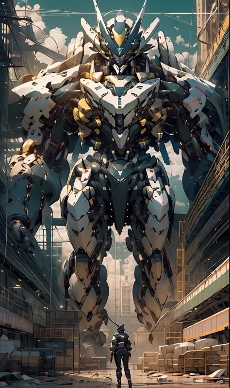 1 woman inside a huge bulky exoskeleton robot , ((bulky)) armor, crystal mecha, Psychedelic details, 9 days,(city war background), clean lines, negative space, high contrast, gradient color, (golden black),Show full body portrait , Best image quality, Perf...