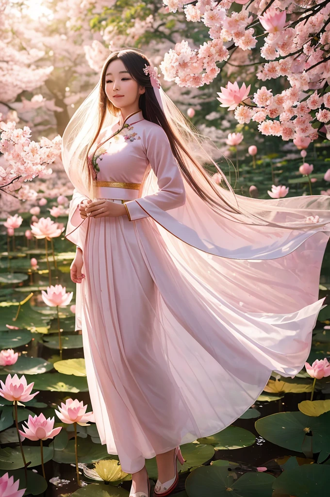 1 person, in the cherry blossom forest, Vietnamese ao dai, holding a lotus flower (light pink), long hair, light breeze, lotus background,Gentle smile, super beautiful face, smooth skin, Ao Dai with the Vietnamese flag under the hem, falling lotus flowers ,Long legs (just enough), Super sharp images, Ultra 8K, Ultra HD