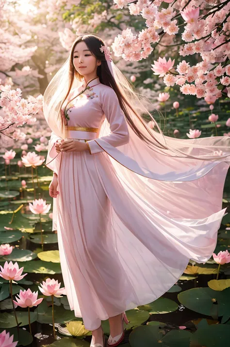 1 person, in the cherry blossom forest, Vietnamese ao dai, holding a lotus flower (light pink), long hair, light breeze, lotus b...