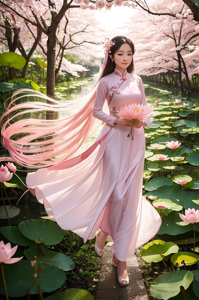 1 person, in the cherry blossom forest, Vietnamese ao dai, holding a lotus flower (light pink), long hair, light breeze, lotus background,Gentle smile, super beautiful face, smooth skin, Ao Dai with the Vietnamese flag under the hem, falling lotus flowers ,Long legs (just enough), Super sharp images, Ultra 8K, Ultra HD