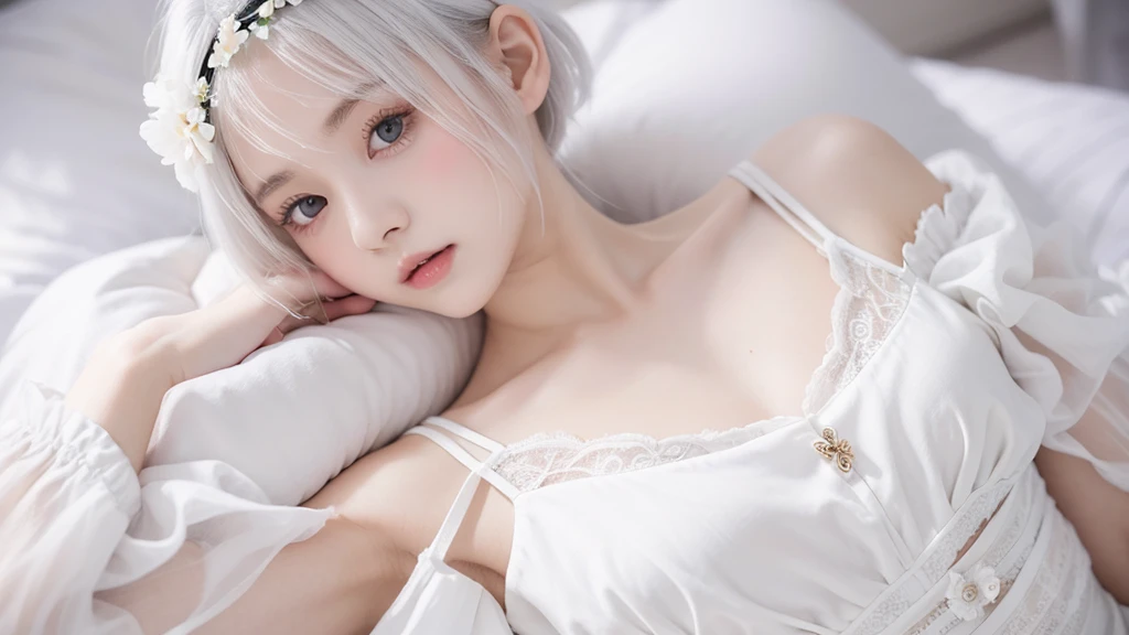 close up，a girl，loli，white eyes，short hair，Lolita，Gorgeous floral headpiece，Two dimensions，flat chest，whole body，white hair，White clothes