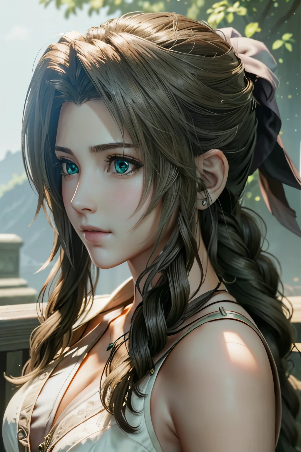 ((ultra detailed, masterpiece, best quality))
 FF7Aerith, 1girl, solo, single braid, green eyes, brown hair, portrait