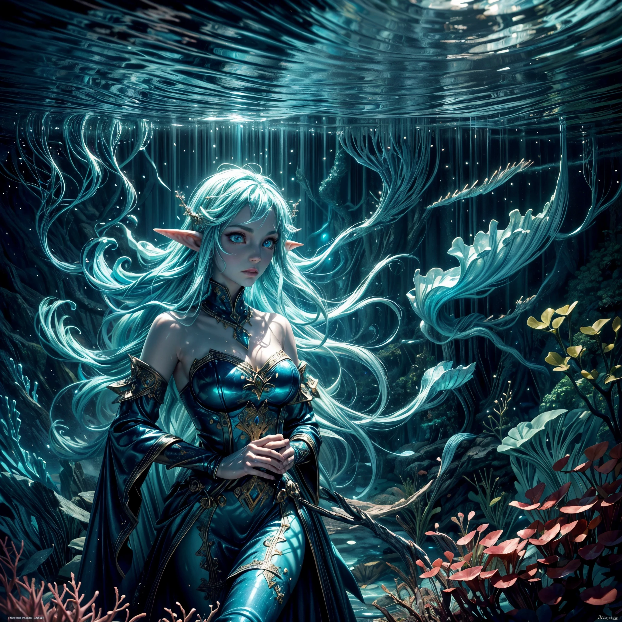 high details, best quality, 16k, [ultra detailed], masterpiece, best quality, (extremely detailed), dynamic angle, ultra wide shot, RAW, photorealistic, fantasy art, dnd art, rpg art, realistic art, an ultra wide picture of a sea elf (1.5 intricate details, Masterpiece, best quality) water mage casting ((water control spell)), water wizard ((water magic, intense magic details)), ((controlling a swirling mass of water)), magical symbols GlowingRunes_pink, female sea elf, blue skin, green hair, long hair, swirling hair, intense eyes, small pointed ears, ((blue eyes)), ((glowing eyes)), armed with magical wand, wearing sea shell clothing, beautiful elf, underwater background, rich underwater life, ((magical atmosphere)), fish and sea weeds, high details, best quality, highres, ultra wide angle