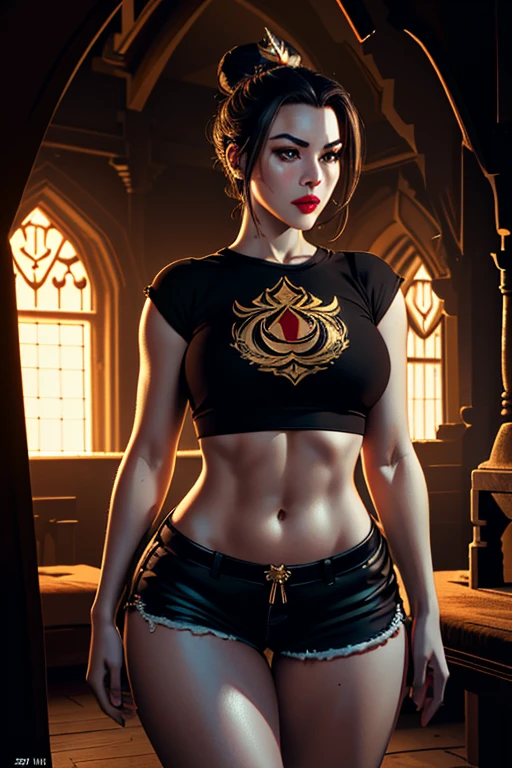 ultra-realistic 8k CG, masterpiece, ((ultra detailed background, fine drawing, intricate details, high detail, better quality fine details, hyper-detailed face)), (photorealistic: 1.4), beautiful lighting, absurdity, RAW photo, film grain, Azula, 1girl, solo, black hair, brown eyes, makeup, lipstick, red lips, single hair bun, navel, side strands, hair decoration, ((medium breasts, slim girl, wide hips, , erotica)), (( facing camera)), ((t-shirt, short shorts, black shorts)), ((complex detailed background, inside, dim lighting, moody lighting, inside the castle, inside, medieval castle environment))
