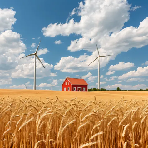 photo of a golden wheat field with two wind turbines and one red house. in the background the blue sky and a white cloud. Alberto Fontana style