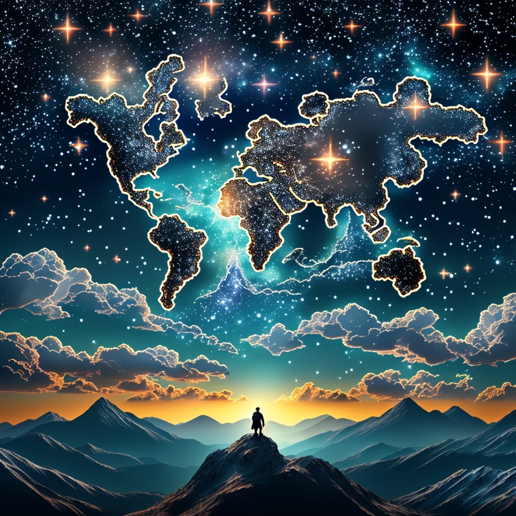 stars on the sky form the shape of map, panoramic, Ultra high saturation, (best quality, masterpiece, Representative work, official art, Professional, 8k)