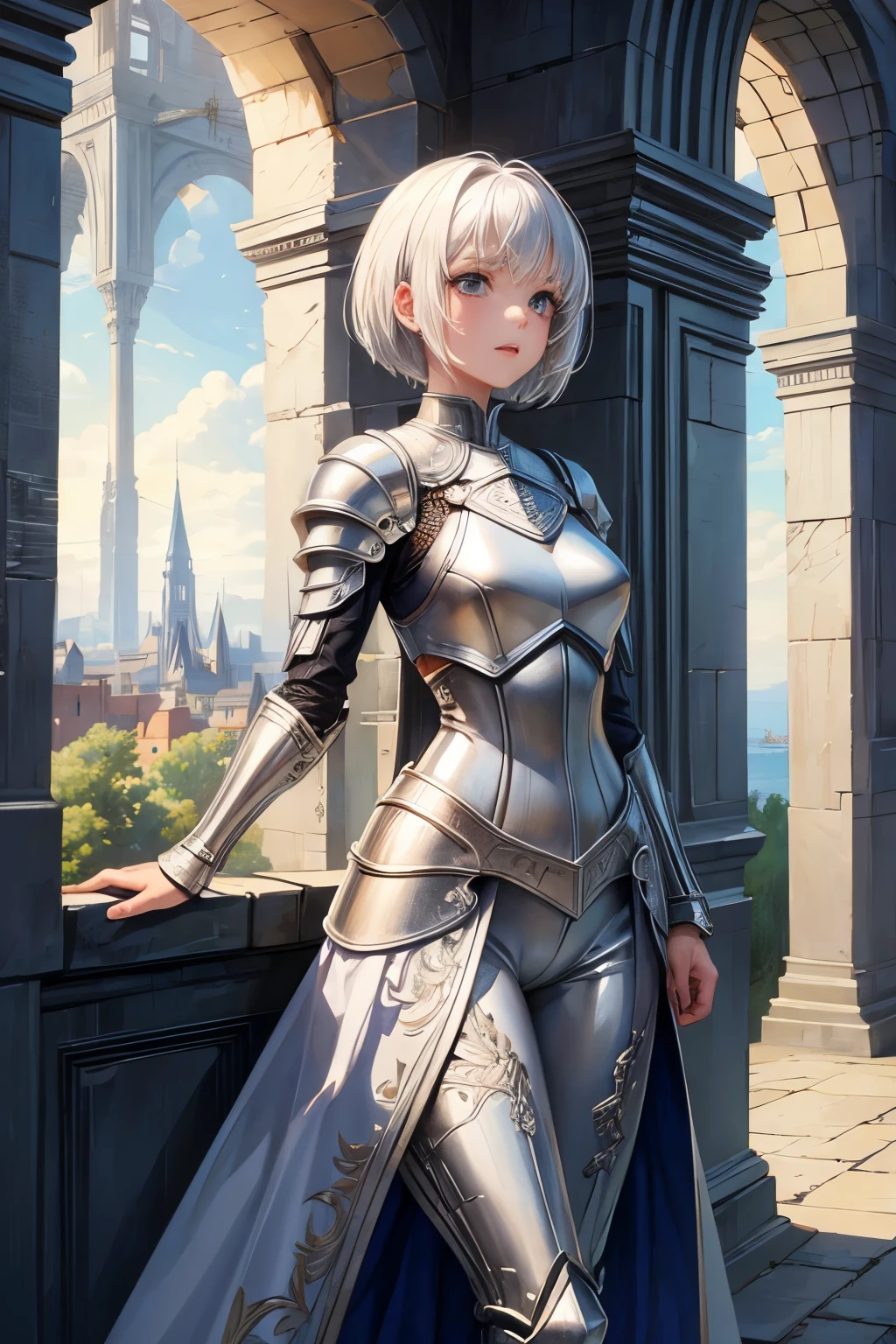 (((masterpiece))), (((best quality))), ((ultra-detailed)), (cinematic lighting), (illustration), (beautiful detailed eyes), (1girl), full body, space, knight, armour, light hair, walking, castle in distance, best quality, expressive eyes, perfect face, Girl: (20s, white hair, short hair, grey jumpsuit, blue and silver armour),