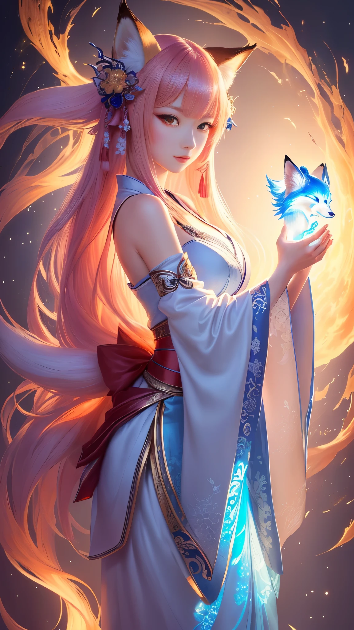 masterpiece , best quality, Close-up, masterpiece, beautiful details, colorful, delicate details, delicate lips, intricate details, genuine, ultrargenuineista, Girl with multicolored haired fox sitting on a branch:sexly, fascinating, ,Colorful Fox, raposa de nine tails, Three tails Fox, Three tails Fox, onmyoji detailed art, beautiful fine art illustration, mythical creatures, Fox, beautiful digital art,shrine maiden,japanese architecture,hold hands,exquisite digital illustration, mizutsune, Inspired by mythical wild web creatures, pixiv in digital art, shining light, high contrast, Mysterious,Girl with multicolored haired fox sitting on a branch,front,looking at the camera
