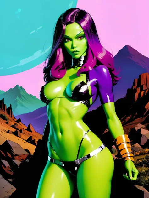 (((COMIC STYLE, CARTOON ART))). ((1 girl)), lonly, solo, ((A comic-style image)) of Gamora, with her as the central figure. She is standing, with her hands holding a sword. She wears a black and purple costume, ((pink anda purple hair)). She has long, stra...