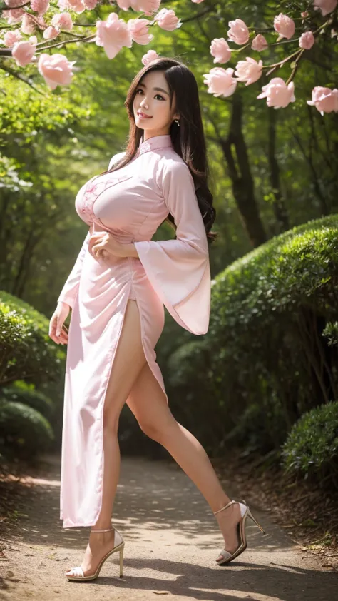 1 person, in the cherry blossom forest, Vietnamese ao dai, holding a lotus flower (light pink), long hair, light breeze, lotus b...
