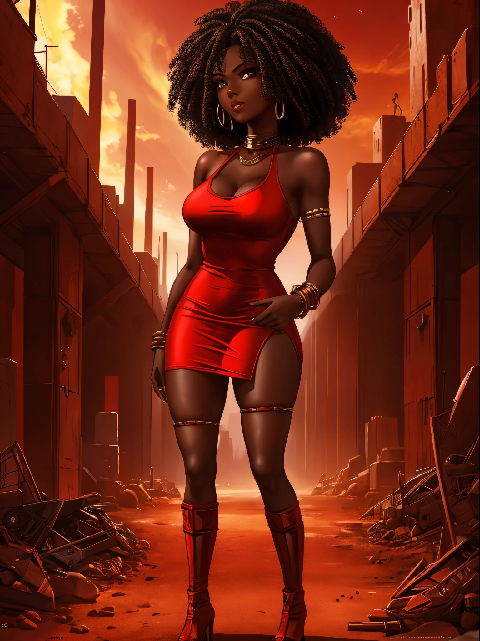 19-year-old woman, dark skin, short curly hair down to her shoulders, dressed in a red minidress, clubbing outfit, apocalyptic wasteland, daytime, good lighting, desert, rusted hulks