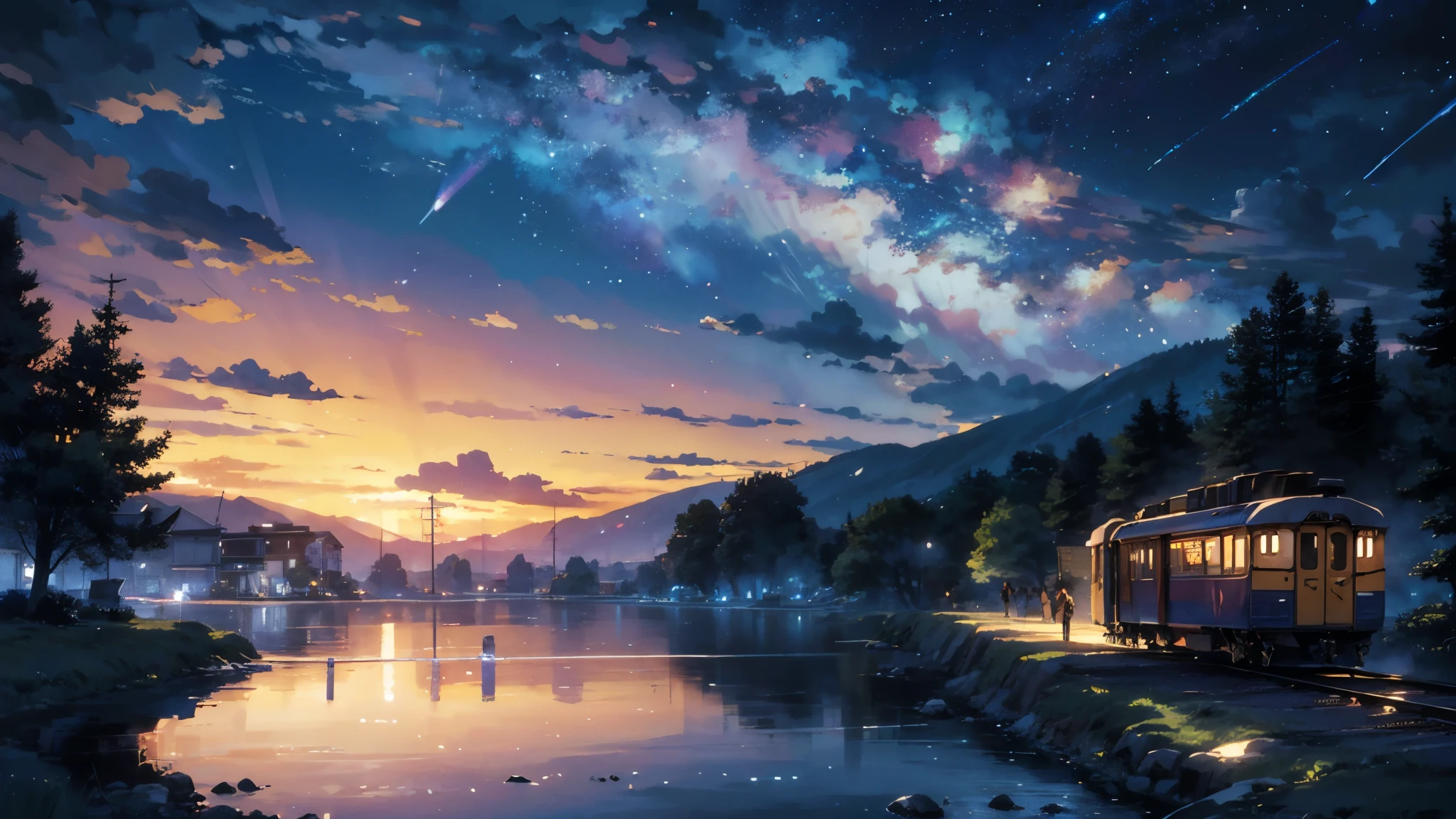 High quality masterpiece, landscape, Cartoon train passing through body of water on rails, bright starry sky. rest Romantic train, pixiv, concept art, Lofi Art style, reflection. author：Xin Haicheng, Lofi Art, beautiful anime scene, rest Anime landscape, Detailed Landscape—Width 672, in Xin Haicheng的风格, Xin Haicheng的风格, Enhance details, rest,detailed,actual,4k 高度detailed数字艺术,octane rendering, bioluminescence, rest 8K resolution concept art, realism,by mapa studio,masterpiece,best quality,official art,illustration,clear lines,(cool_color),perfect composition,ridiculous, fantasy,focus,rule of thirds