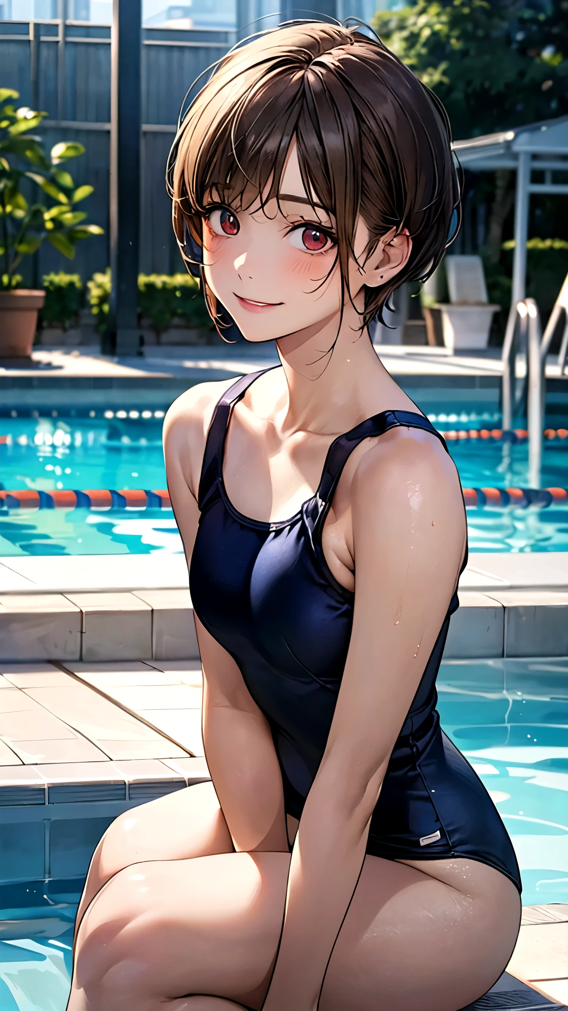 Anime girl in a swim suit sitting on the edge of a pool - SeaArt AI