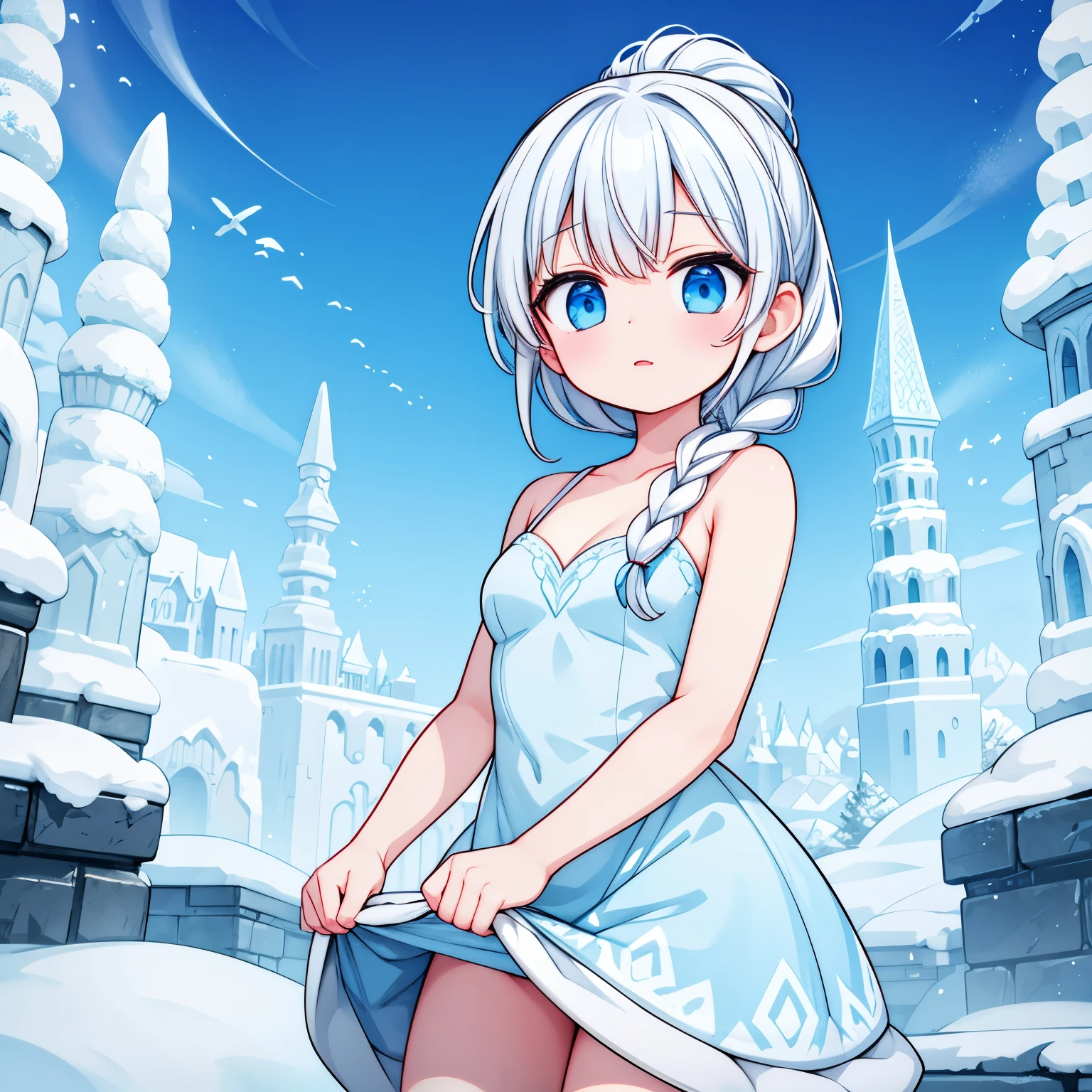 Anime girl in a blue dress standing in front of a castle - SeaArt AI