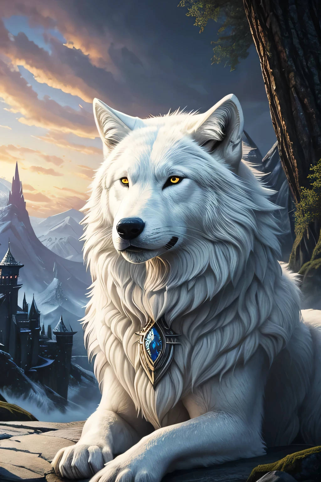 There is a big white wolf with a huge head and a huge body, epic fantasy card game art, arte de fantasia altamente detalhada, arte de fantasia digital 2d detalhada, epic fantasy art, arte de fantasia detalhada, Epic Fantasty Card Game Art, Masmorras&Arte de fantasia de lobo branco, Hiper-realista D & d fantasy art, symmetrical spectacular fantasy art, retrato do lobo branco  ciborgue. nine tails.