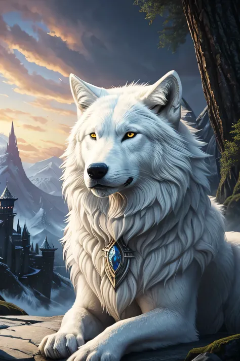 There is a big white wolf with a huge head and a huge body, epic fantasy card game art, arte de fantasia altamente detalhada, ar...