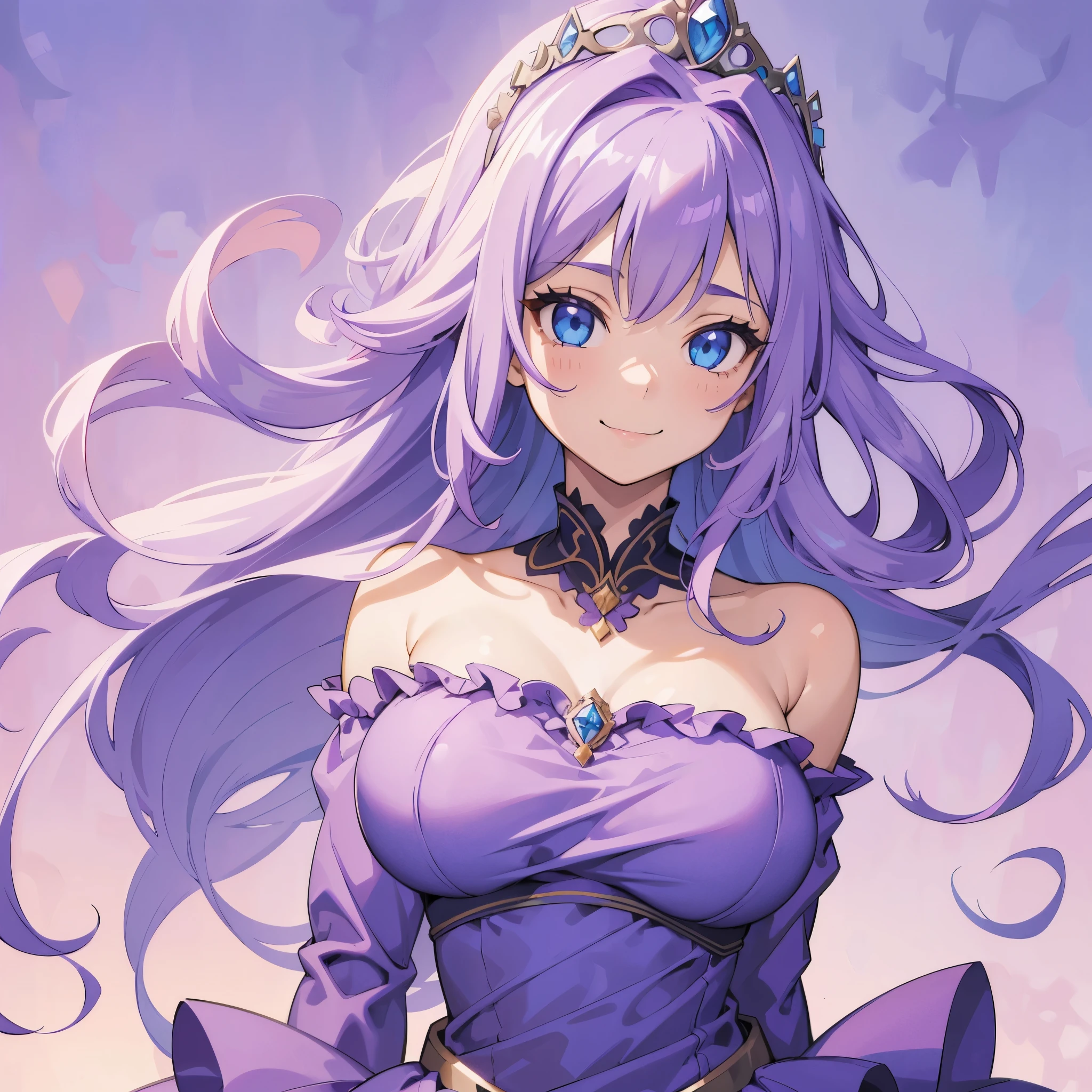 1girl, long curly purple hair, blue eyes, huge breast, purple ruffled dress, princess tiara, smile, solo, best quality, masterpiece, portrait, simple background, looking at the camera, from the front, detailed, perfect anatomy, detailed art, high definition, 4k, high resolution