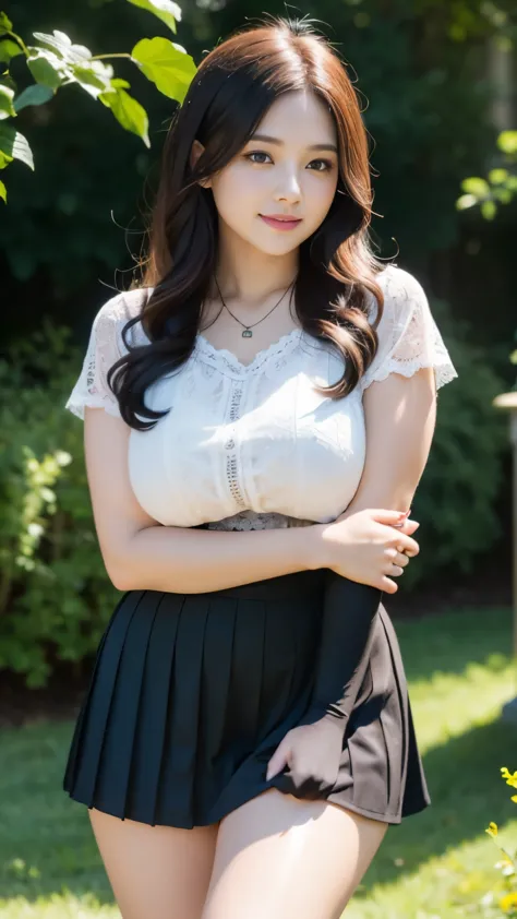 (photorealistic:1.4), (masterpiece, 8k raw photo, best quality:1.4), a woman, 25 years old, beautiful face, pudgy cheeks, (curvy thighs:1.4), white pale skin, long wavy cascading hair, black hair, short sleeve lace blouses v-neck, pleated mini skirt, diamo...