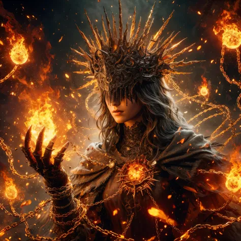 a woman in a crown surrounded by fire and chains, 4k fantasy art, 8k fantasy art, epic fantasy art style hd, epic fantasy digita...
