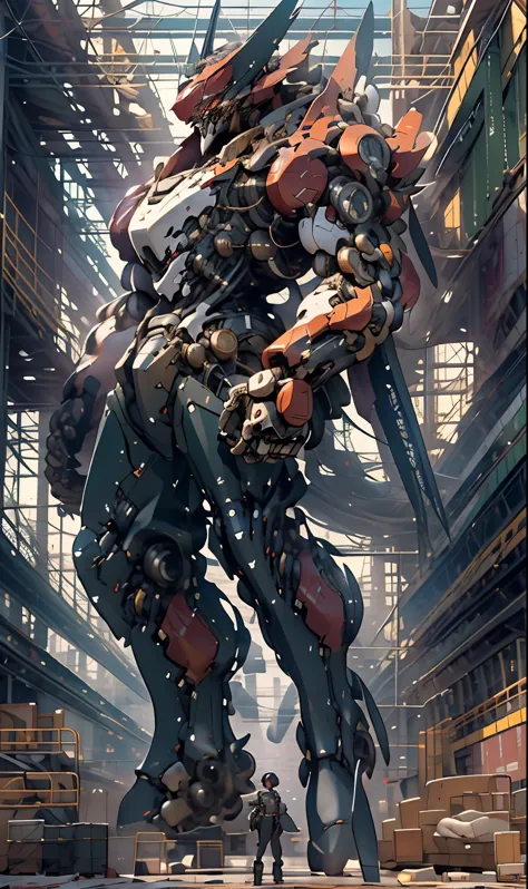 (best quality,8k,official art,painting:1.2),extremely detailed CG masterpiece,absurd,dark_ fantasy,((dieselpunk)),(mechanical album cover,full-body girl,red:1.1),1 person,extremely detailed mechanical marvel,robotic presence,cybernetic guardian,wearing tat...
