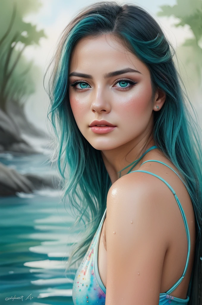 mj, RTX, 4k, HDR, Fermer, aquarelle, portrait, ((chef-d&#39;œuvre)),((Meilleure qualité)), aquarelle drawing, Peinture d&#39;une femme dans l&#39;eau, une jeune femme en colère, dans un style hyperréaliste, peau mouillée et cheveux soufflés par le vent , beau maillot de bain irisé, yeux aigue-marine, ((tons bleu verdâtre)), ressemblance étonnante, eau salée, art manga, pensif, SFW, Style Tanya Chatseva, Gabriele Dell&#39;Otto, Andreï Atrochenko, Ross Tran, Anna Razumovskaïa, L&#39;IA à mi-parcours , couleurs vives et riches, aquarelle, Peinture à l&#39;huile, HDR, 500px, 4kStudio Ghibli Genshin Influence