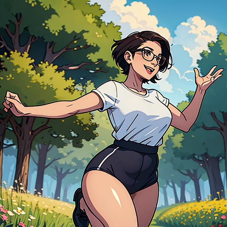 Hyper realistic image of Sexy Malay woman running at field, laughing, cocky smirk face, glasses, pixie hair cut, small breast, plump, fat tummy, wide waist, thick thighs, wearing sexy crotchless underwear.