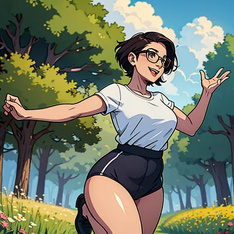 hyper realistic image of sexy malay woman running at field, laughing, cocky smirk face, glasses, pixie hair cut, small breast, p...