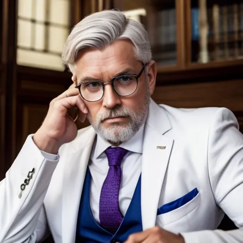 earl　thickness　Glasses　white suit　silver hair　round table　Englishman