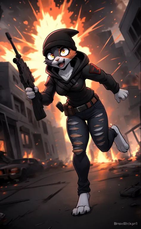 By black-kitten, by zackary911, by azoomer, by braeburned, Meow skulls, Fortnite, female, small breasts, barefoot, two toned fur, holding a hunting rifle, running, scared, raised eyebrows, wide eyed, mouth open, sweating,  mouth open, wearing ripped skinny...