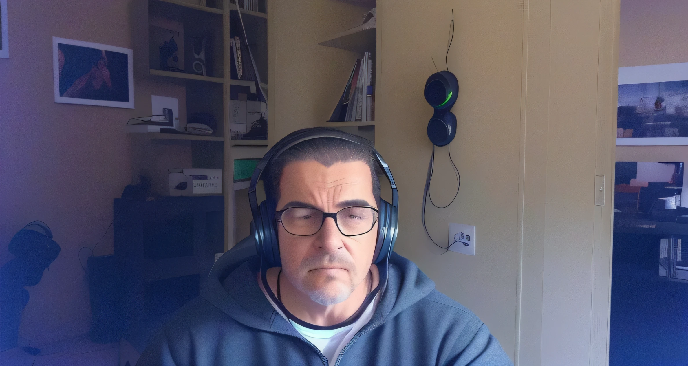 There is a man wearing headphones and a sweatshirt sitting in a room -  SeaArt AI