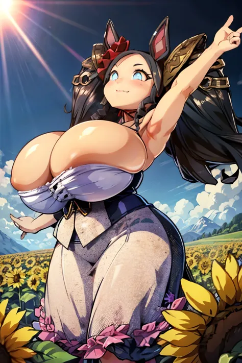 sparkling eyes,jump,outside sunflower field,sunny day,toothless smile,((extreme obesity)),((ssbbw)),((overweight)),(voluptuous bust),expressive pose,short stature,(horse ears)