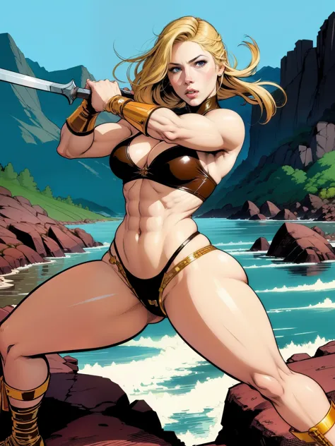 (((COMIC STYLE, CARTOON ART))). ((1 girl)), lonly, solo, A comic-style image of Lagertha Lothbrok a Hot Viking Warrior Girl, with her as the central figure. She is standing, with her hands holding  a sword. She wears a medieval brown leather Viking combat ...