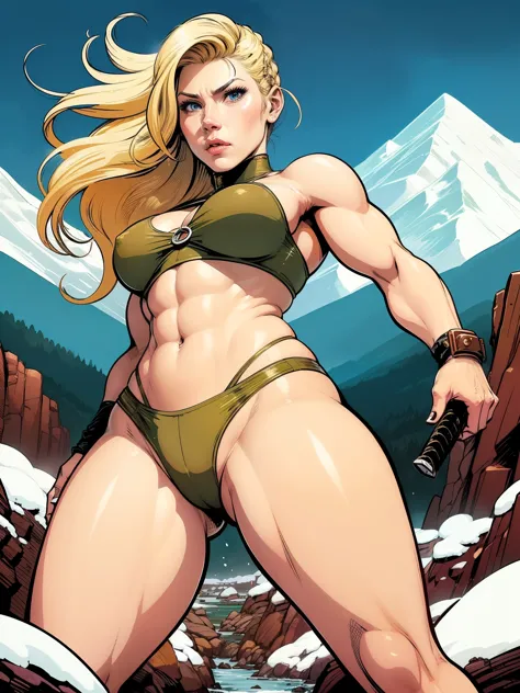 (((COMIC STYLE, CARTOON ART))). ((1 girl)), lonly, solo, A comic-style image of Lagertha Lothbrok a Hot Viking Warrior Girl, with her as the central figure. She is standing, with her hands holding  a sword. She wears a brown leather Viking combat armor, wi...