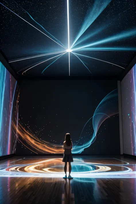 create an interactive floor projection on all walls of a 30m2 room. the projected images resemble wind trails made of colored particles in organic movement, a reference for projection is teamlab. a sala tem 30m2 em formato de L. the content of the projecte...