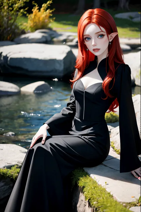 redhead haired woman in black dress sitting on rock in park, a portrait inspired by Julia Pishtar, tumblr, fantasy art, amourant...