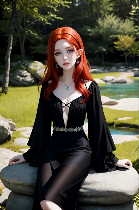 redhead haired woman in black dress sitting on rock in park, a portrait inspired by Julia Pishtar, tumblr, fantasy art, amourant...