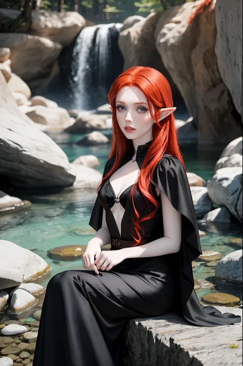 redhead haired woman in black dress sitting on rock in park, amouranth, better known as amouranth, young beautiful amouranth, be...