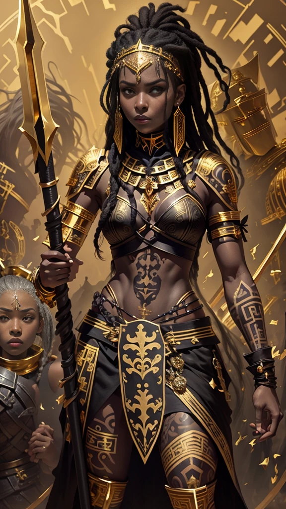 (((full body picture))), (((1 woman))), Top quality, Intricate details , (Fine skin, Shiny skin, Shiny hair, Pale complexion), A ebony woman, ((standing holding a spear)), (serious look:1.4), (wearing black and golden battle outfit:1.8) with some animal fur details, (long dreadlock hairstyle:1.3), (reflective eyes:1.3), (tribal tattoo:1.5), looking at the viewer, serious face.