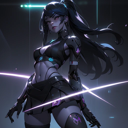 Cyborg d&#39;Ariana Grande, tirant des lasers verts avec ses yeux, Cybersamouraï, nu, Cheveux longs, yeux bleus, cheveux noirs, gros seins, encolure, cuisses larges, La science-fiction, ciborg:1.4, cyberpunk,( le fond noir brille: 1.25),8K plus détaillé.moteur irréel:1.4,UHD,La meilleure qualité:1.4, Photoréaliste:1.4, Texture de la peau:1.4, chef-d&#39;œuvre:1.8,premier travail, meilleure qualité,objet Objet], (traits du visage détaillés:1.3),(Des yeux subtils et beaux :1.1),(anatomie parfaite),lingerie sexy rose,(Cybersamouraï blanc:1.4),(Couleurs cyberpunkAI de fond de ville de Tokyo:1.4) ,(doigts détaillés convexes), (  cyborg),(Chef-d&#39;œuvre:1.2), (meilleure qualité:1.2),(Chef-d&#39;œuvre:1.2), (meilleure qualité:1.2),(mini-jupe ciborg:1.4)