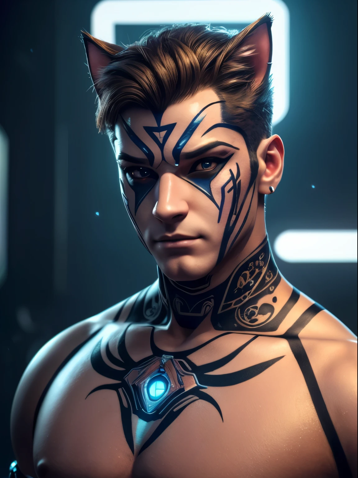 (((​masterpiece)))、(((top-quality)))、((ultra-definition))、(High Definition CG Illustration)、((extremely delicate and beautiful))、Cat man, Cyber City、Cinematic Light、man with shearing hairstyle、Unconventional、Cyber man、2080s、animesque、man with、facepaint、face tattoos、trending on artstationh