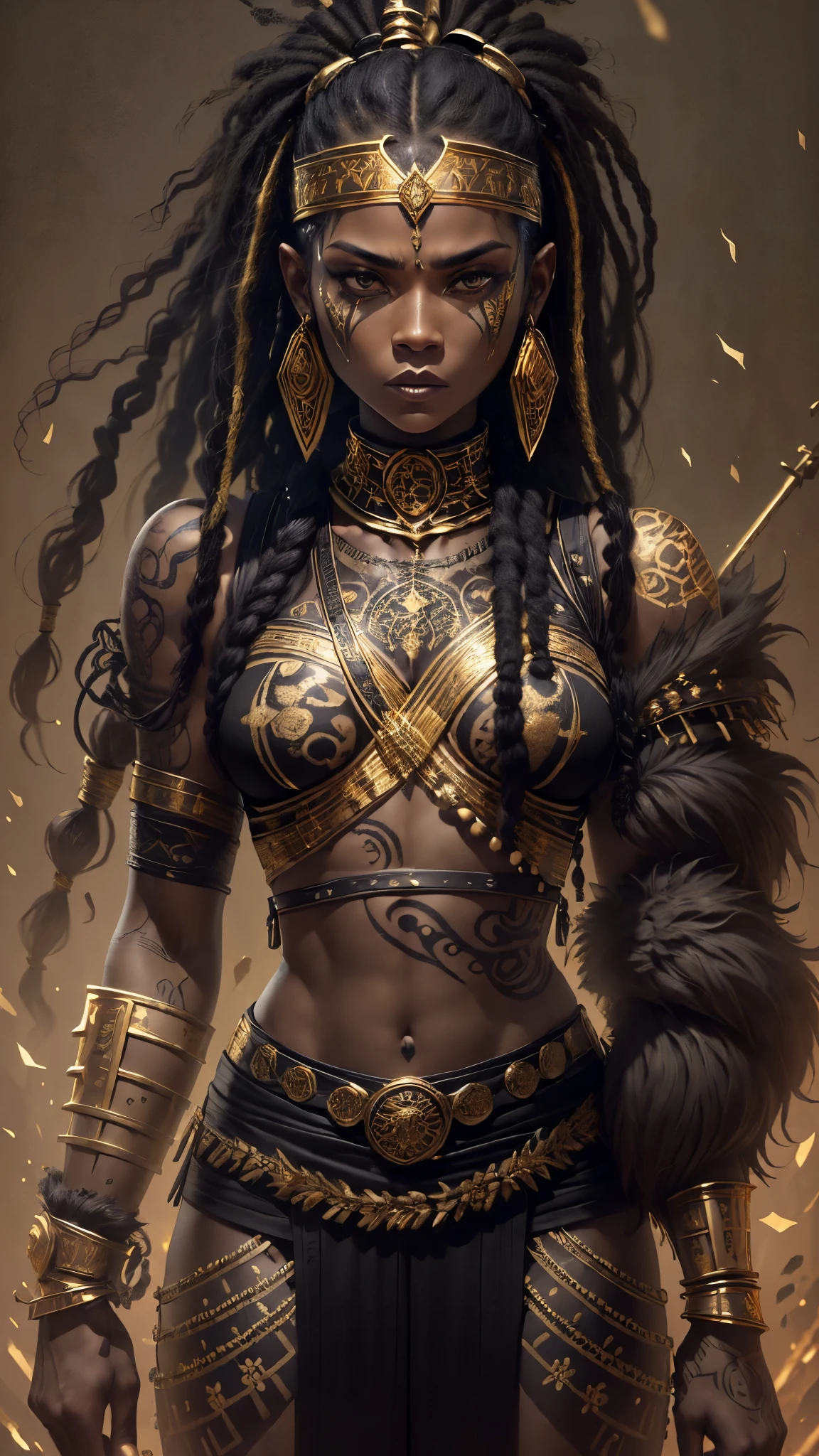 (((full body picture))), (((1 woman))), Top quality, Intricate details , A ebony woman, ((standing holding a spear)), (serious look:1.4), (wearing black and golden battle outfit:1.8) with some animal fur details, (long dreadlock hairstyle:1.3), (reflective eyes:1.3), (tribal tattoo:1.5), looking at the viewer, serious face.