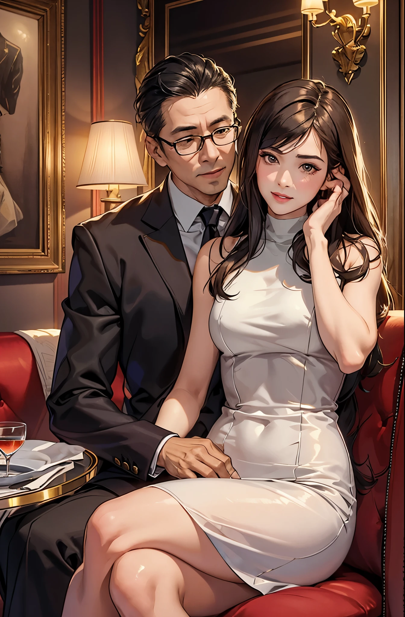 "In an exclusive lounge, dimly lit with soft jazz playing, Masaki Tanaka, age 58,  a well-respected business tycoon, in a tête-à-tête with a beautiful hostess, age 22,  plush velvet upholstery and mahogany setting, in a photorealistic image, cinematic style, Masaki in a perfectly tailored suit, relaxed yet commanding posture, arm around the hostess's slender waist, sharp eyes reflecting golden light, sharing a private joke, hostess in a figure-hugging dress, leaning into Masaki, atmosphere electrifying with charisma, clink of glasses, shared laughter, mutual attraction, intimate yet public setting, 50mm lens, warm and intimate lighting, high resolution 8K, capturing the essence of sophisticated flirtation and elite lifestyle (cinematic style:1.4), (sophisticated flirtation:1.3), (elite lifestyle:1.2)"
