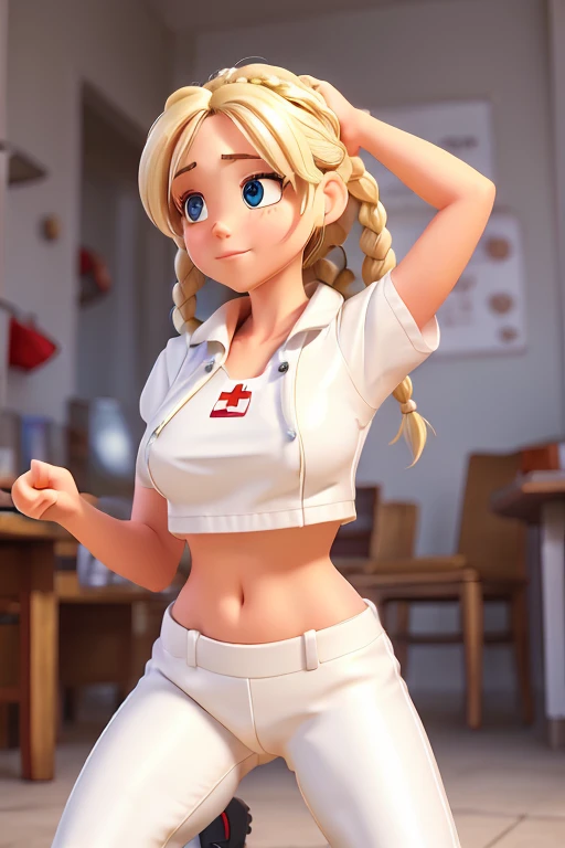 1girl, Blonde braided hair, squatting, dressed in Glossy White Leather, also she's a Nurse, on the battle field. gigantic breasts, full body shot from below, ctmp, abs