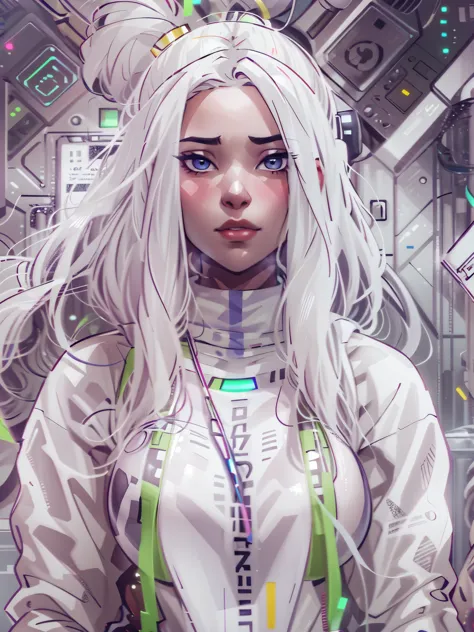 1monk warrior girl with white techwear clothes, white long hair, laces, abstract vintage scifi background