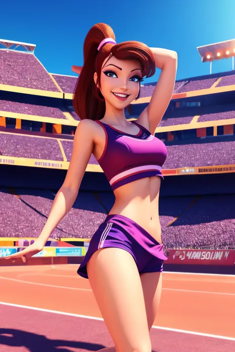 brunette Megara wearing casual cheerleader clothes, on marathon stadium background, cheerfull expression, disney animation style, best quality, digital art, 3D
